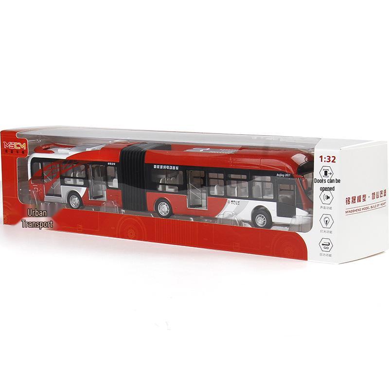 [Boxed] Mingsheng Articulated Bus Model: Beijing City, Sound & Light, Pull-Back Alloy Toy with Opening Doors