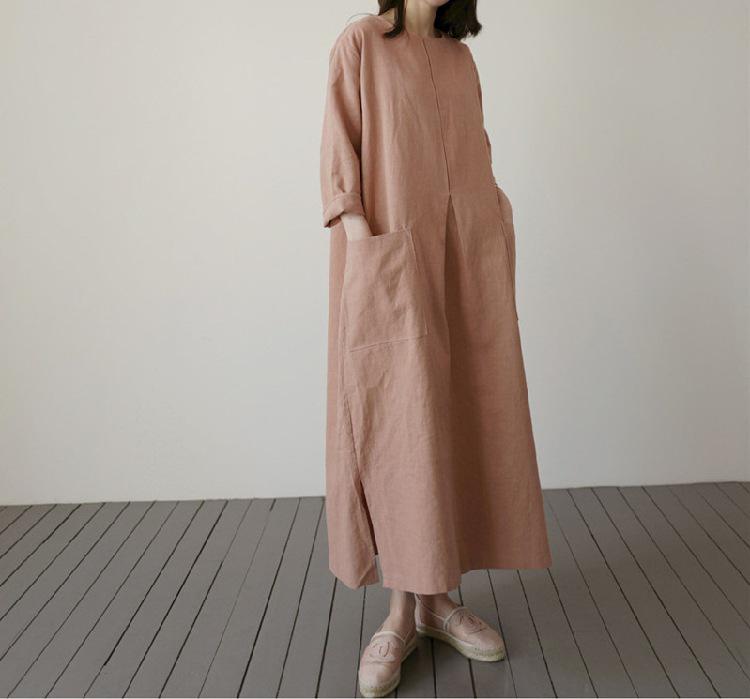 Women's Korean Style Cotton Linen Mid-Length Dress with Pockets - Plus Size, Loose Fit, Casual Fashion