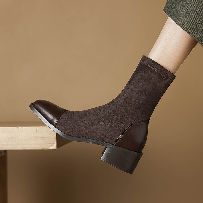 Krazing Pot Microfiber Flock Autumn Winter Shoes Thick Med Heels Size 43 Elastic Boots Stretch Patch Work Ankle Boots