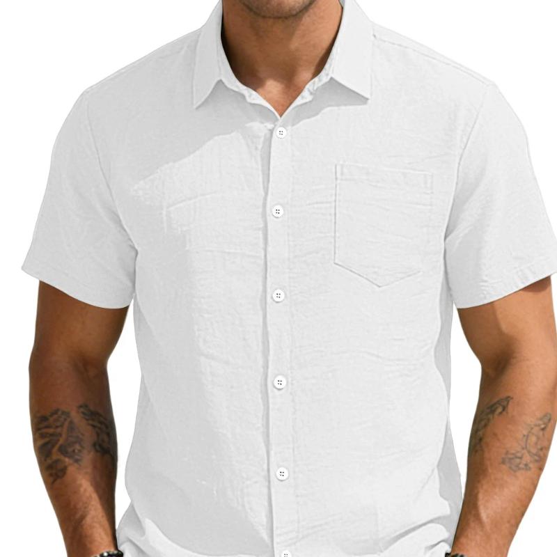 Men Green Linen Blend Short Sleeve Button Down Shirt with Chest Pocket S