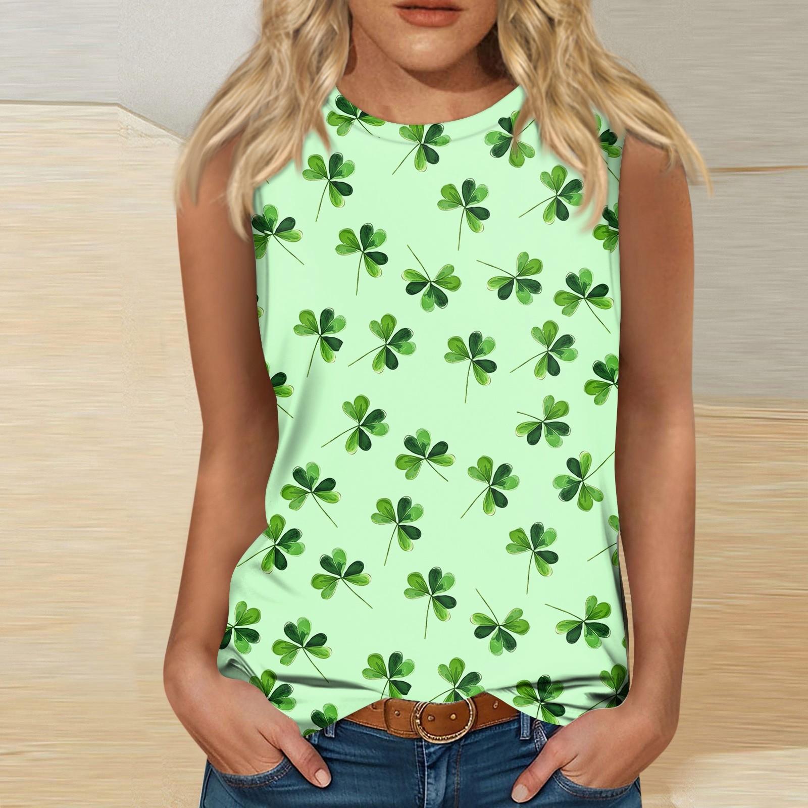 

Женская майка для девочек, повседневная майка с цветочным принтом, майки для женщин, свободный крой, топы без рукавов, струящиеся, St. Патрика L темно-зеленого