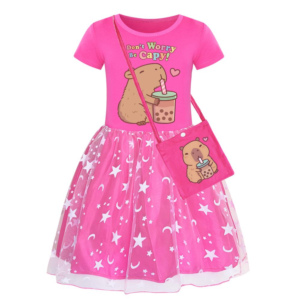 Girls star rainbow lace copybara print dress