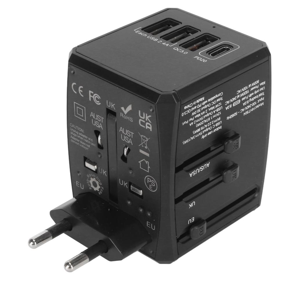 Universal Travel Adapter Wall International Charger with USB C Ports 8A USB Ports for USA    Black