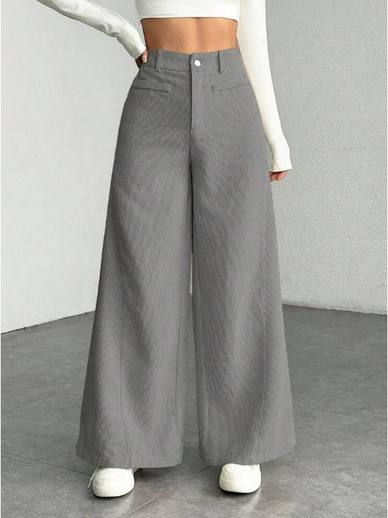 High Waist Corduroy Women's Wide Leg Pants - Casual, Loose, Floor-Length, Solid Color.