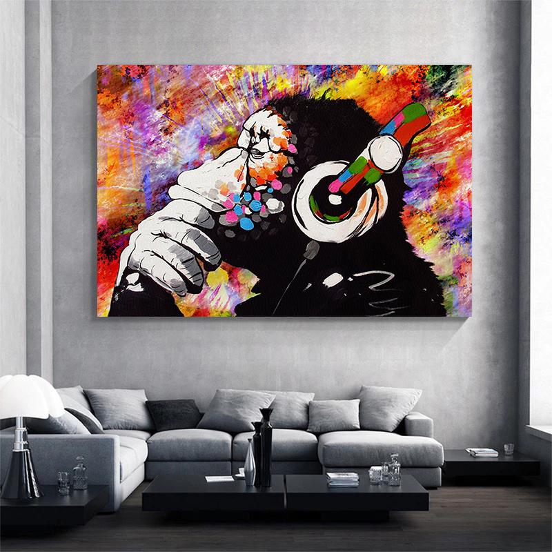 BANKSY CANVAS WALL ART PRINT ARTWORK MONKEY DJ THINKING GORILLA (47in x 32in / 119cm x 81cm