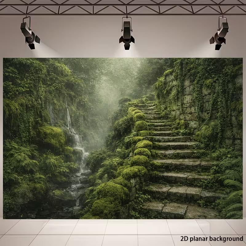 Enchanted Jungle Banner with Lush Ferns and Ivy Photo Booth Background Cloth