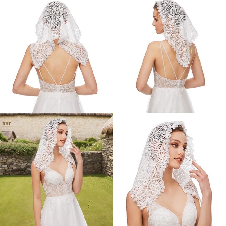 Openwork Bridal Veil Church Head Scarf Lace Chapel Mantilla Latin Mass Headpiece For Wedding Ceremony and Photography