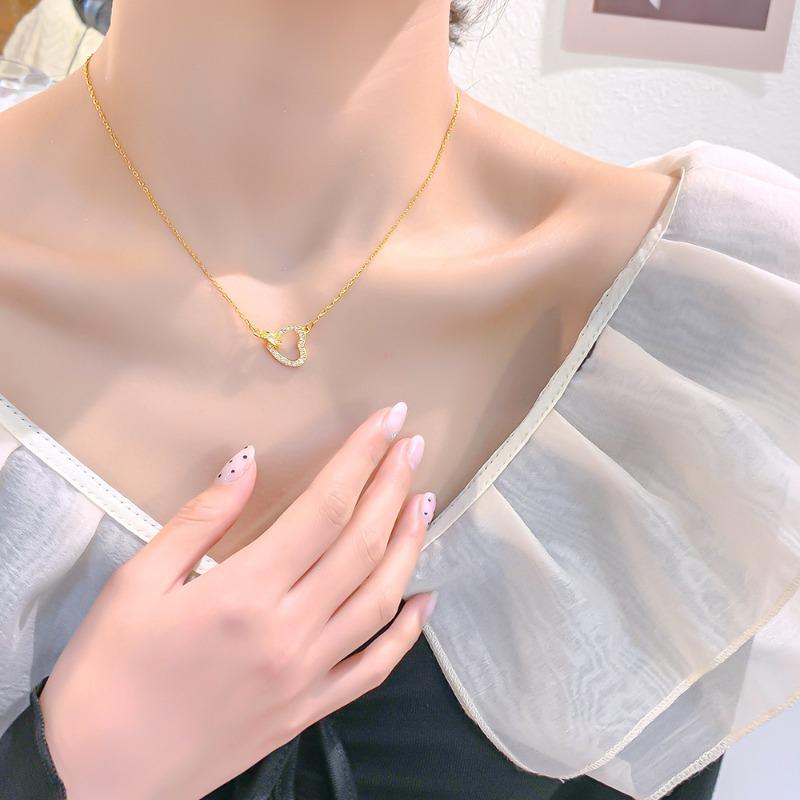 Korean Japanese Style Rhinestone Heart Double Ring Titanium Steel Clavicle Necklace For Women