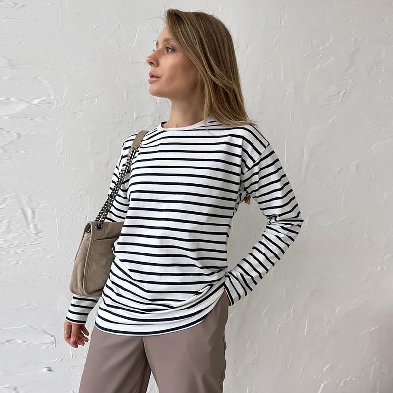 Cozy Loose Long Sleeve Striped T-Shirts Women Autumn Basic Casual Cotton Tops Round Neck Street Style Blouse