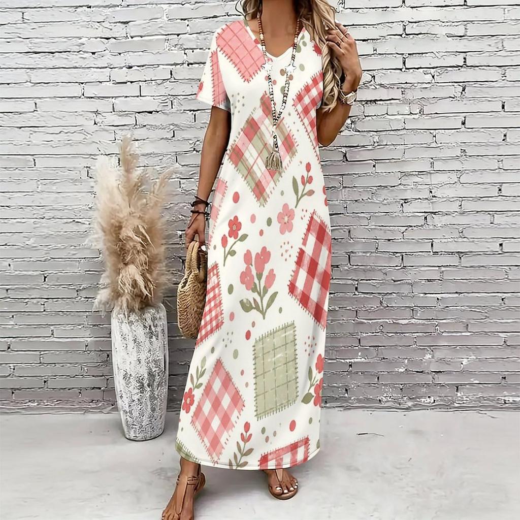Women Plus Size V Neck Short Sleeve Printed Straight Maxi Dress