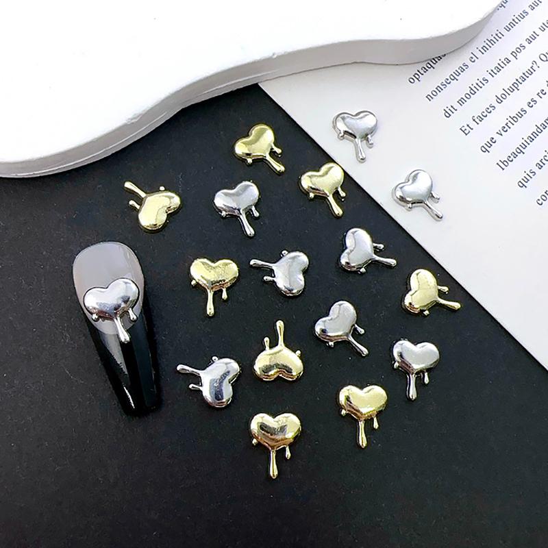 10Pcs/Bag Alloy Lava Love Nail Art Jewelry Gold Silver 3D Diy Nails Accessories Professional Supplies Metallic Heart Decorations