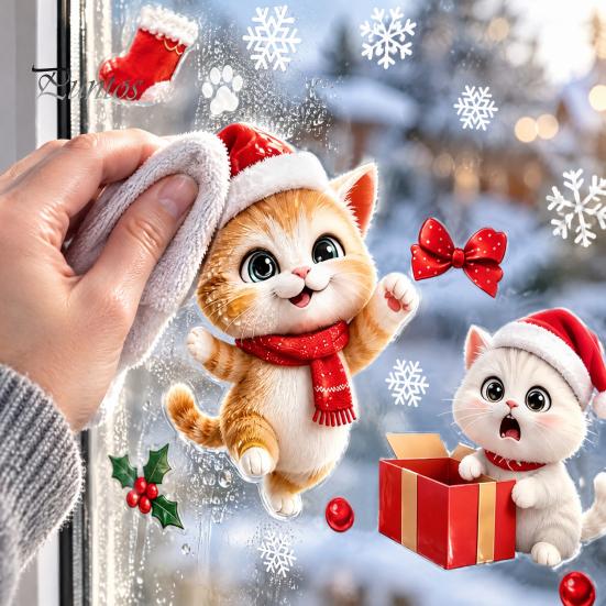 Creative Christmas Gift for Kids Cute Cat Static Glass Sticker, Waterproof PVC Window Decal Holiday Decoration, Home Decor Ornaments Removable