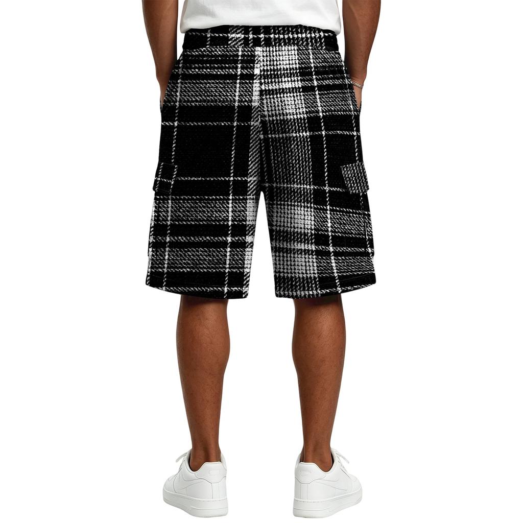 Herren Freizeit karierte Cargoshorts mit Kordelzug Lockerer Schnitt Leicht Atmungsaktiv Sommer Strandshorts mit mehreren Taschen für den Alltag