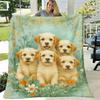 1pc Sdoo Golden Retriever Puppies & Floral Print Flannel Blanket - Soft Cozy All-Season Throw with Adorable 2D Labrador-like Dogs & Flowers Design, Li