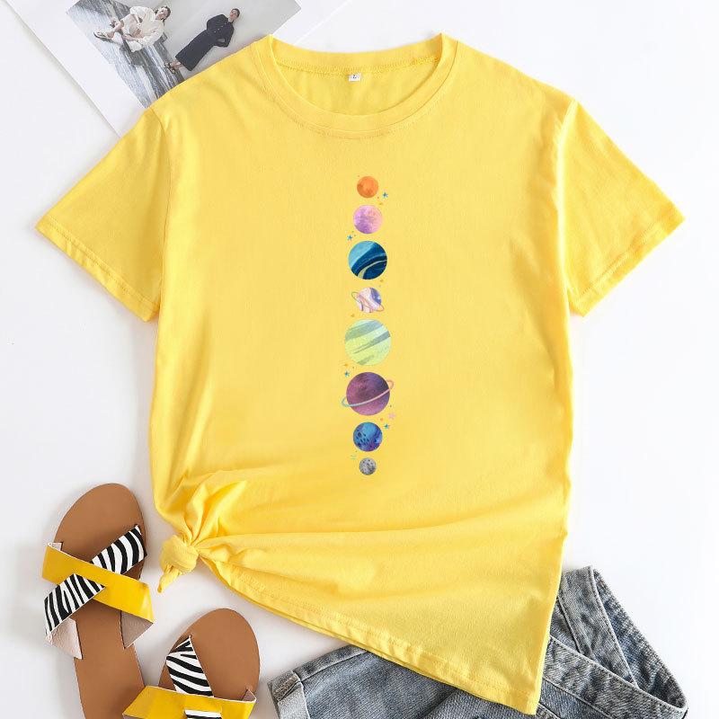 Summer Round Neck Planet Pattern Printed Top Fashionable Casual Short Sleeved Women's Pure Cotton T-shirts