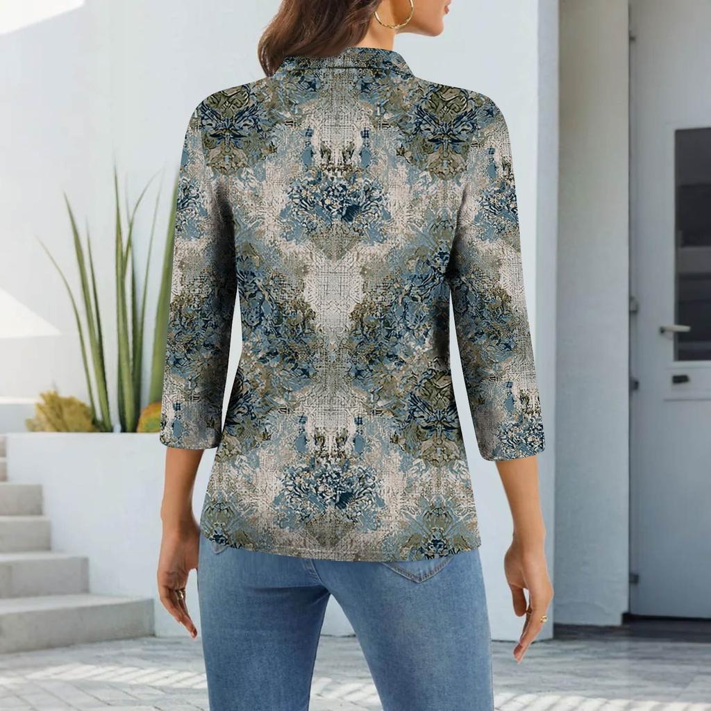 Damska Moda Casual Klapa Krótki Rękaw 3/4 Koszula z Nadrukiem Damskie Bluzki Zapinane na Guziki