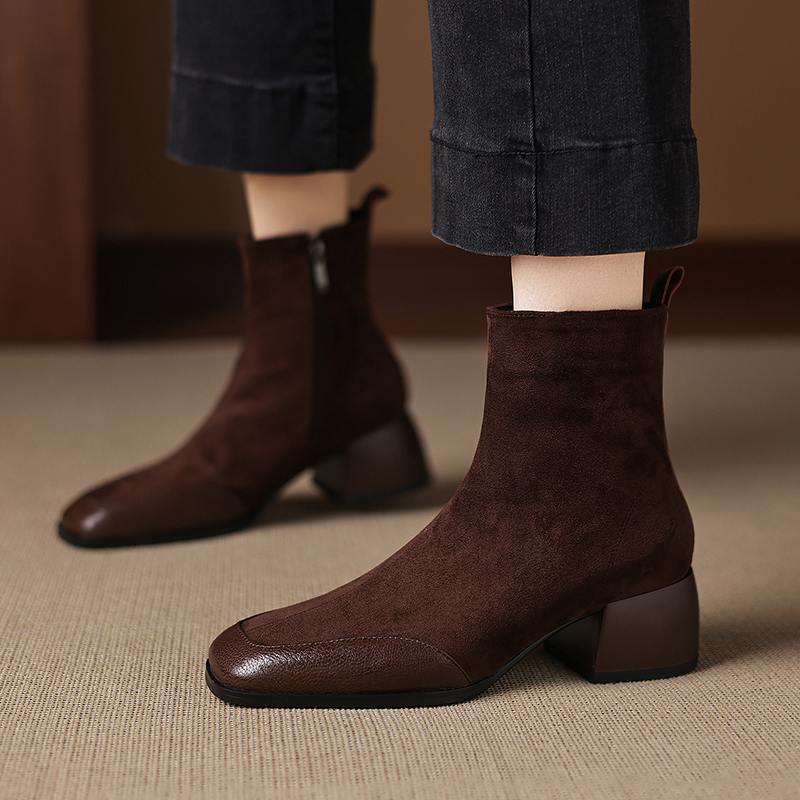 Krazing Pot Sheepskin Flock Winter Square Toe Chunky Heels Chelsea Fashion Boots Women Zip Patch Work Women Ankle Boots