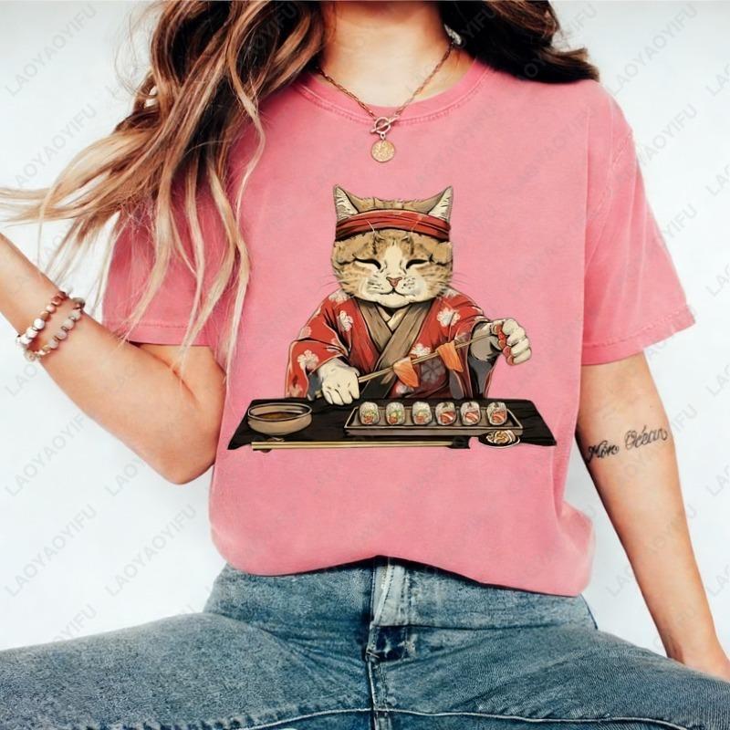 Funny Sushi Kitten Chef Oneck Printed Unisex Tops Creative Trend Cat Lover Gift Shirt for Women Japanese Food Cotton Tshirt S