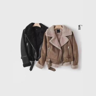 Chaqueta Transfronteriza Otoño/Invierno de Ante y Terciopelo con Cuello Grueso de Piel y Cinturón
