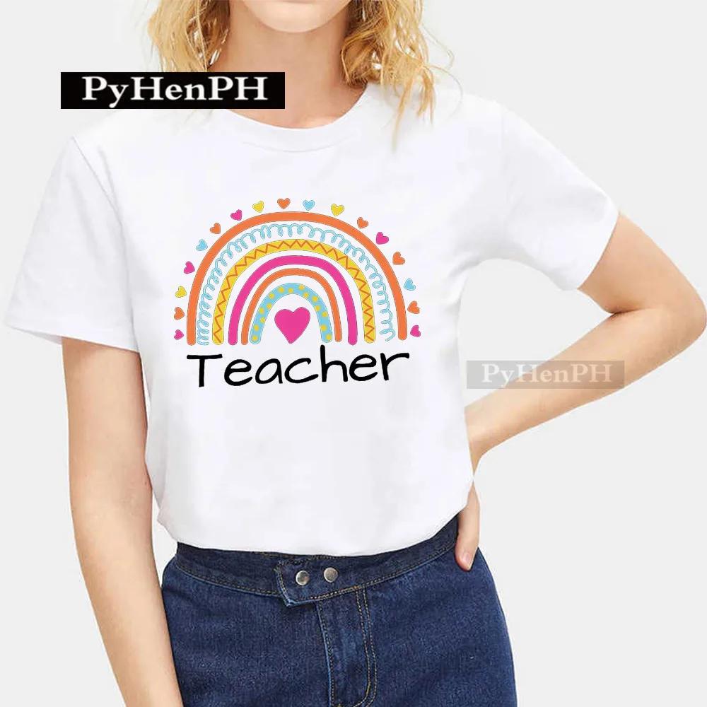 Trendy Rainbow Teacher Design Sense Short Sleeve Tshirt Unisexs Womens Large Size Crewneck for Boys Girls Children