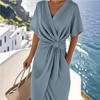 Sommer Neues Kleid Pendler Mode Geschmiedet Schlitz Damen Einfarbig Wickelkleid