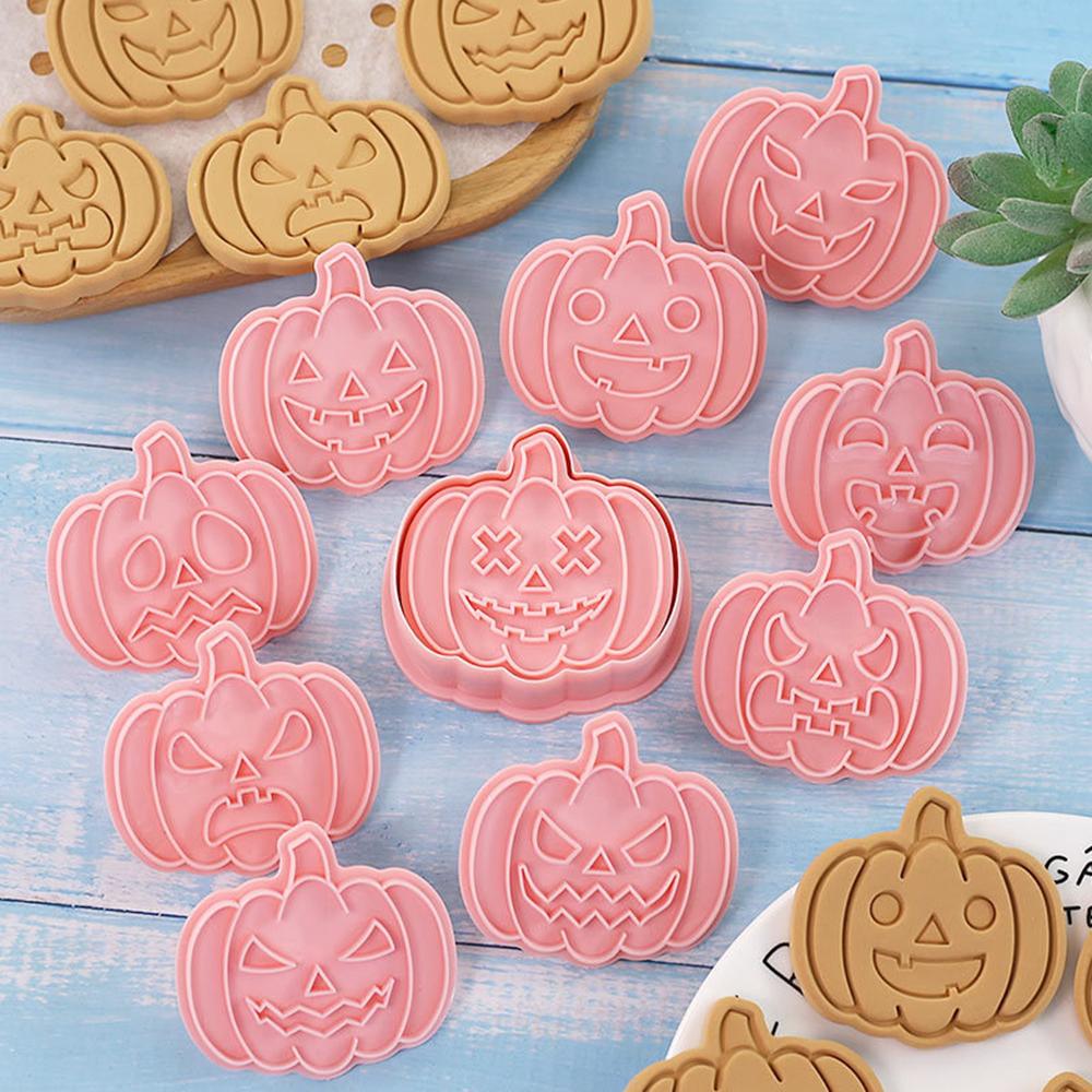 10/8Pcs Cookies Cutters Set Cartoon Pumpkin Witch Owl Castle Vampire Skull Pressable Cookies Stamp Biscuits Mold Halloween Decor