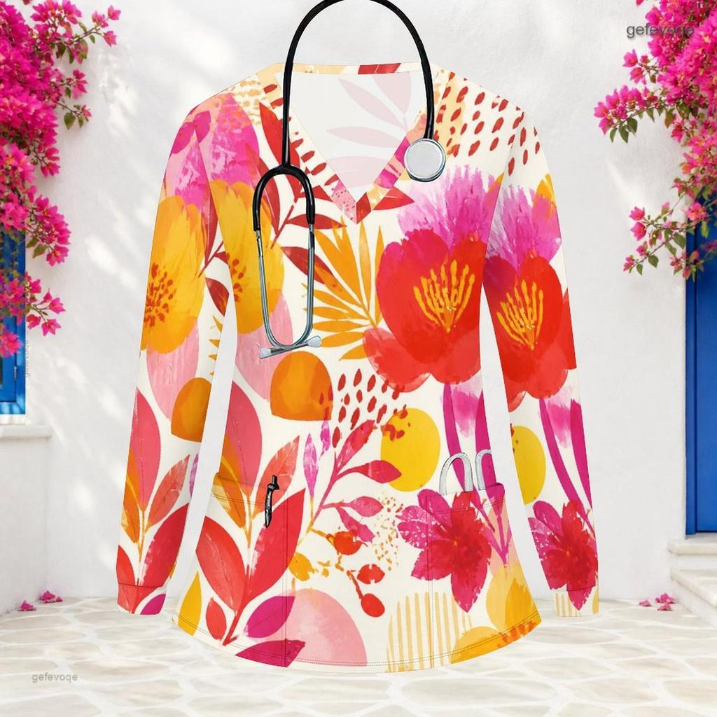 Aquarell-Blumenprint V-Ausschnitt Langarm Damen Krankenschwester Arbeitskittel Weich Atmungsaktiv Medizinische Gesundheitsversorgung Arbeitsbluse Mit Taschen