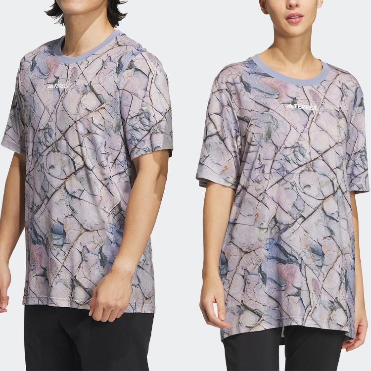 Adidas National Geographic Spolupráce Tencelové Tričko s Celoplošným Potiskem Loga Unisex Topy Stříbrno-Šedá Fialová IC2000