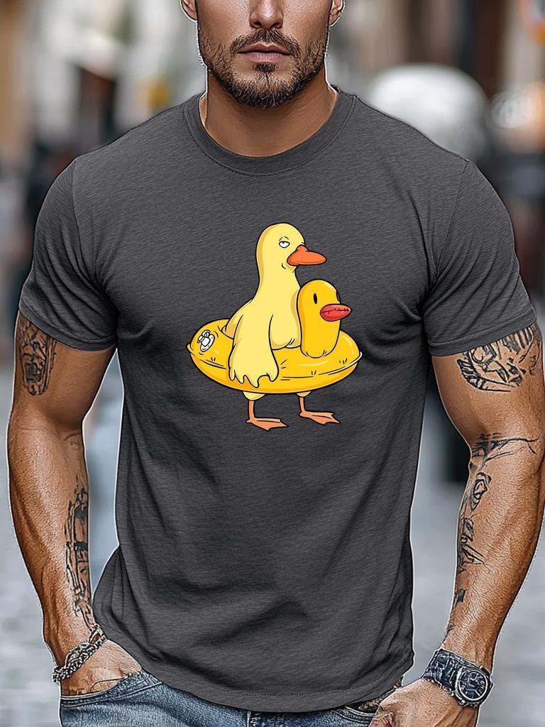 Cartoon Duck With Duck Float Ring Lovely Front Graphic Print Unisexs Crew Neck Short Sleeve Tee Casual Daily Soft Basic Wear Top