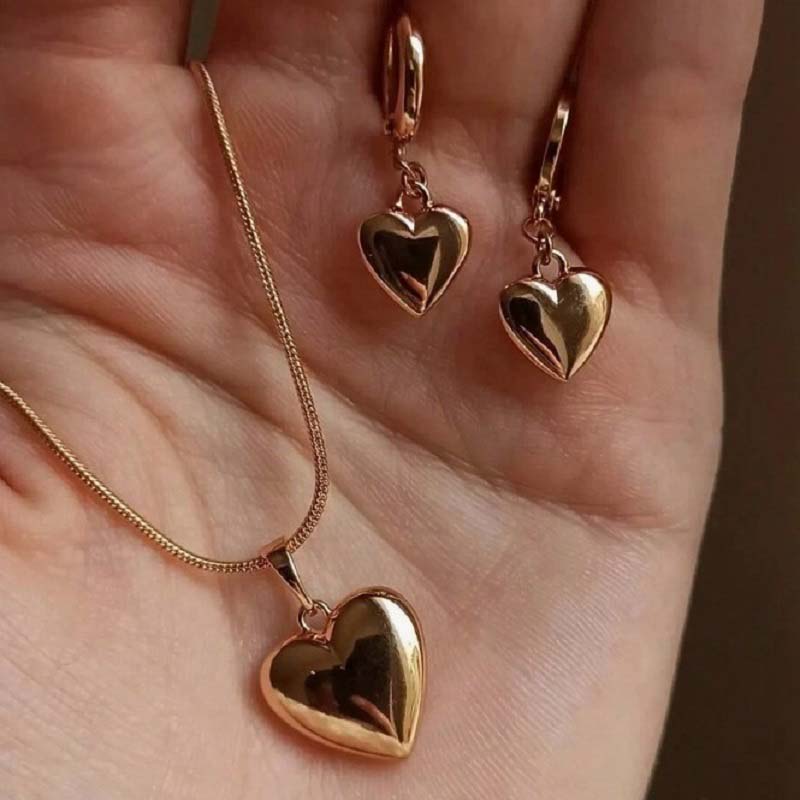 Vintage Gold Heart Pendant Necklace Earrings Set for Women Simple Love Piercing Hoop Earring Jewelry Party