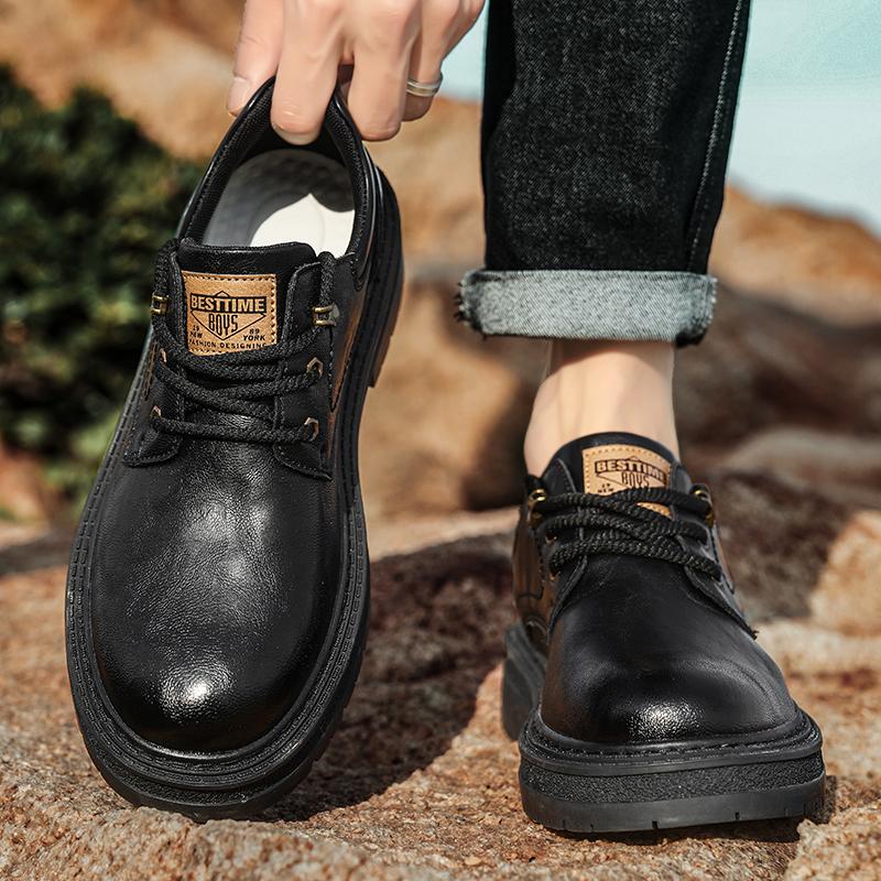 Fashion Men Casual Leather Shoes Luxury Brand Thick Bottom  Lace Up Business Shoes British Style Outsole Casual Work Outdoor Boots