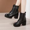 Tacchi Alti da Donna Vera Pelle Tacco Grosso Stivaletti Corti Autunno Inverno Floccato Platform Stivaletti alla Caviglia Stringati Metà Polpaccio Cerniera Stivale