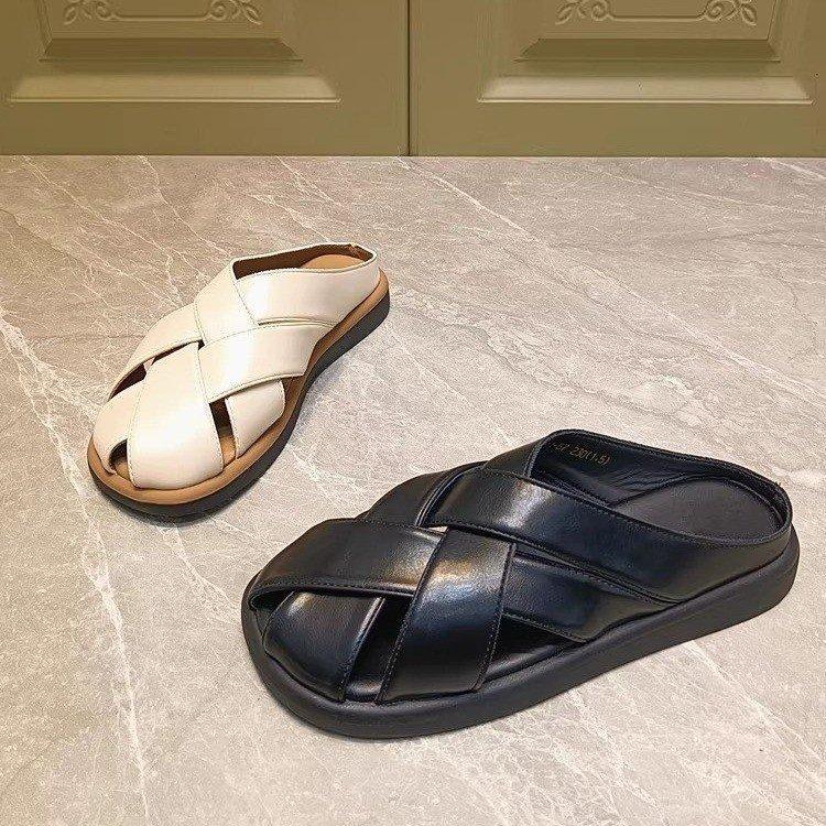 Leather Version~ Retro Bag Head Slippers Women's Summer Wear 2025 New Versatile Woven Roman Sandals Flat-bottomed Slippers