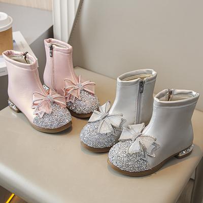 Girls Leather Boots Autumn Winter New Casual Single Boots Princess Fashion Ankle Boots Crystal Rhinestone Butterfly Ankle Boots