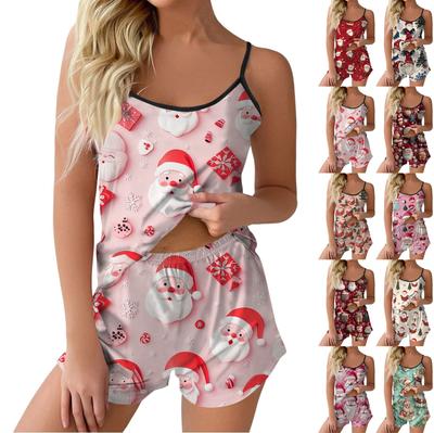 Damen Modisches, lässiges Pyjama-Set mit ärmellosem Oberteil und Shorts mit Weihnachtsmuster