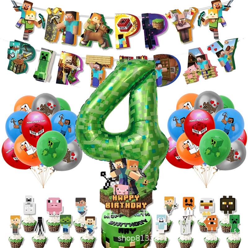 Minecraft-Themed Aluminum Foil Balloon Set: Kid's Birthday Decor with Pull Flags & Number Combination