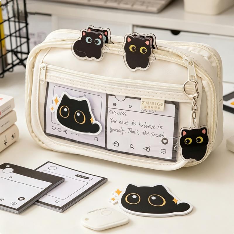 Cute Cat Pen Pouch, Double Zipper Stationery Organizer with Clear Window белый