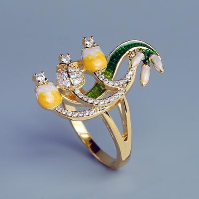 Fashion Rings for Women Authentic Yellow Gold Color Delicate Orchid Flower Fine  Handmade Enamel Wedding Bride Ring
