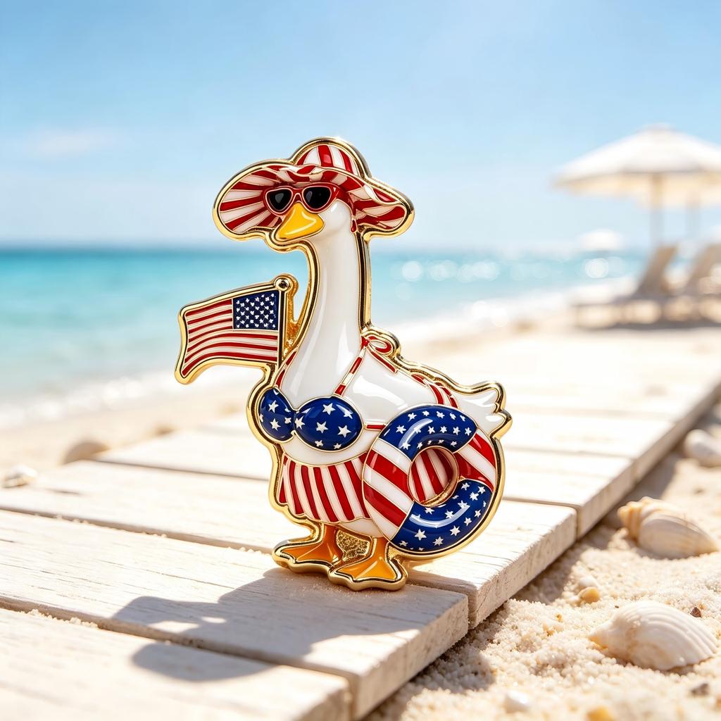 Cartoon Vacation Goose Brooch - American Flag Theme Funny Animal Pin for Bags Clothes Accessories