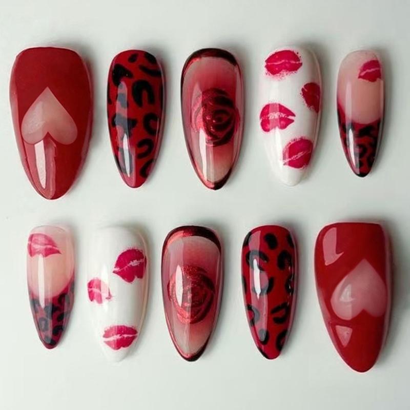 Pack Of 30Pieces False Nail Red Lips Rose Leopard Art Artificial Nail For Parties Dates And Everyday Beauty Decors