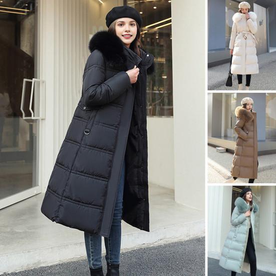 Winter Women Cotton Jacket with Hood Neck Protection Long Sleeves Pockets Mid-calf Length Zipper Closure Padded Coat Solid Color Windproof Outwear