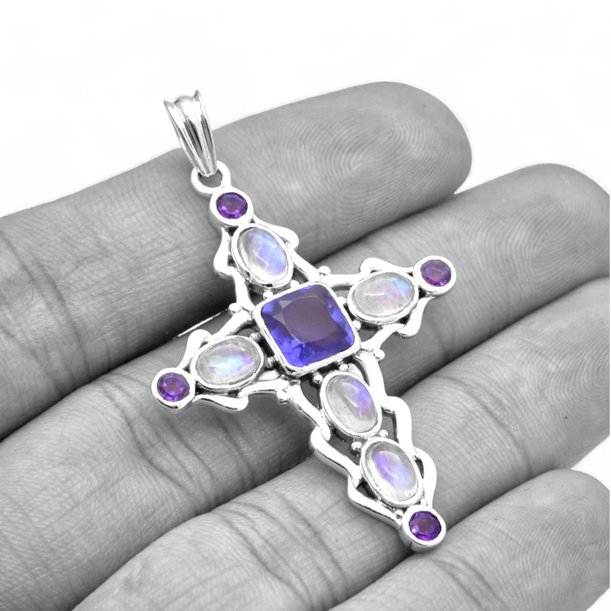 Multi-Gemstone Cross Pendant: Sterling Silver Spiritual Charm onesize серебряный