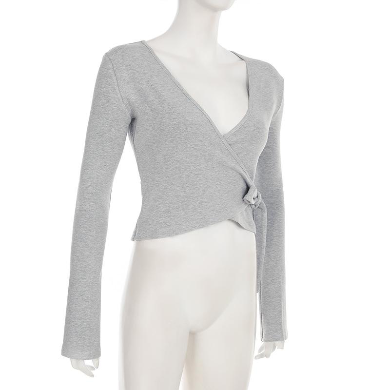 Stil Casual de Toamnă Velvet Subțire Sexy Decolteu în V cu Șnur Tricou Pantaloni Largi cu Talie Elastică Set Tricotat din Două Piese