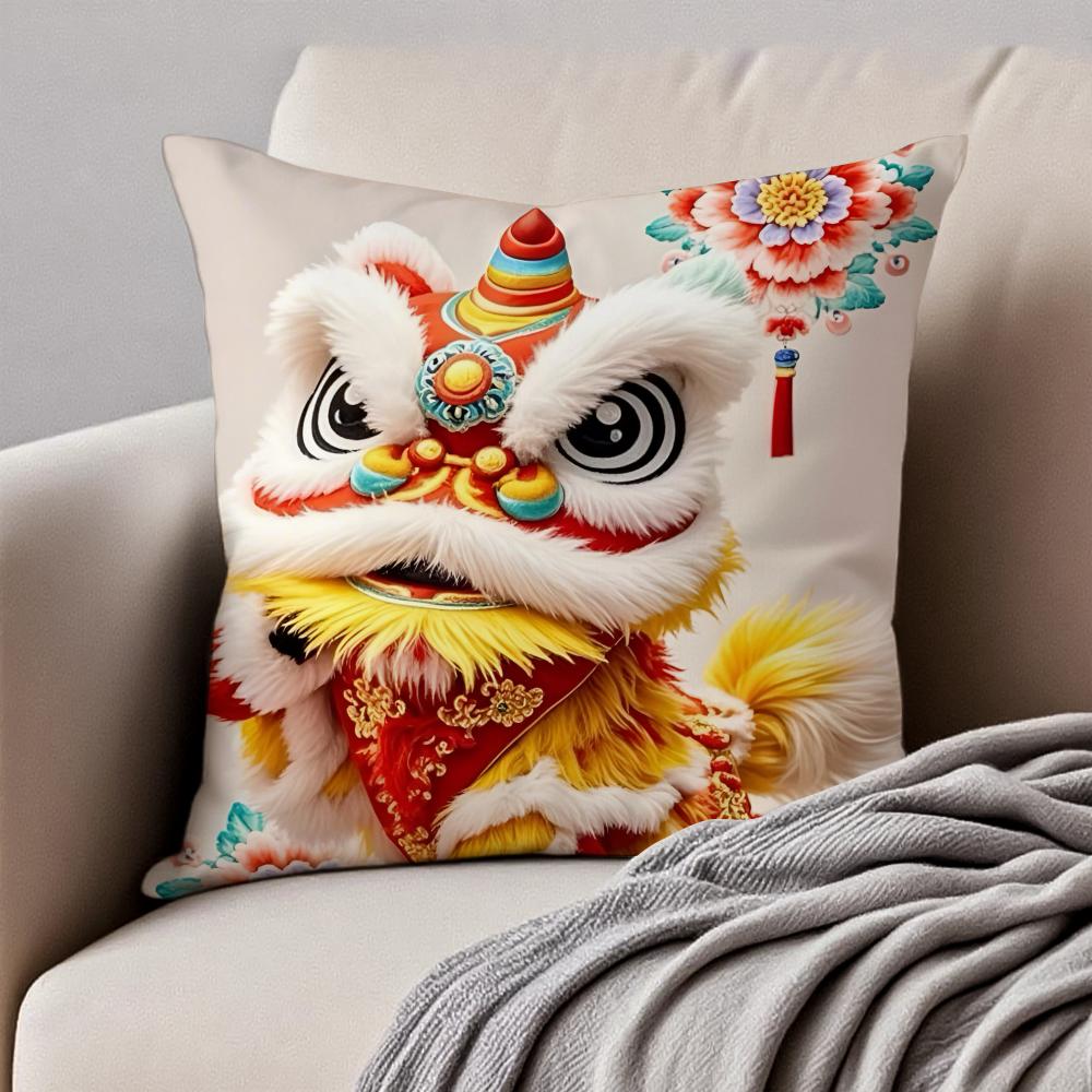 Traditional Dancing Lion Anime Lucky Cushion Cover Pillowcase Antidustmite Invisible Zipper Short Plush Sofa Cushion