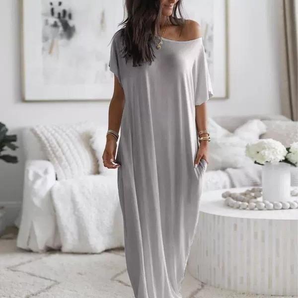 Women's Off Shoulder Loose Fit Maxi Dress Casual Short Sleeve Pocket Loungewear Dress