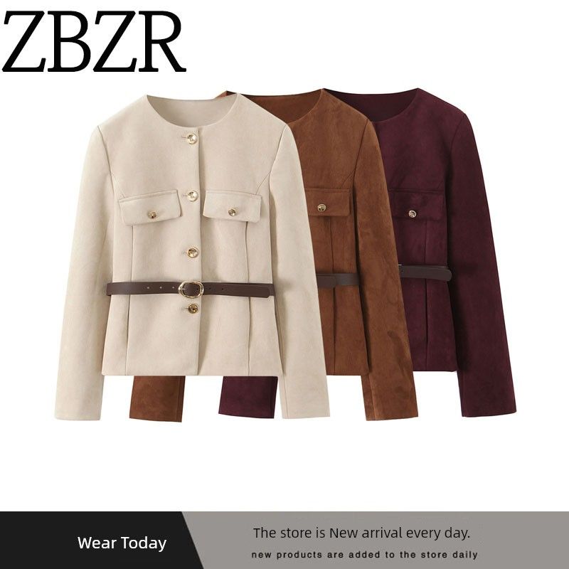ZA Fall and Winter New Women's Clothing ZR Fashion Wind with Belt Suede Texture Effect Suit Outwear 8741260