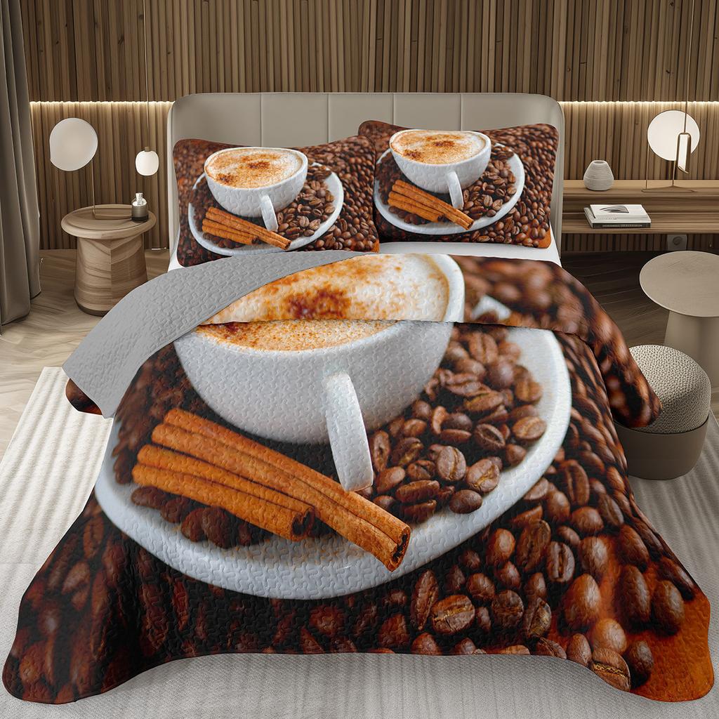 Single Twin Full Queen King Bedspread Set Coffee Bean Coverlet Set,Coffee Theme Bedding Set Coffee Lovers Gifts Room Decorations