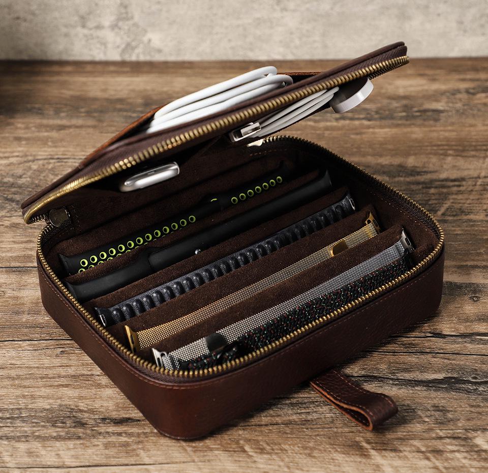 Vintage Cowhide Multi-Compartment Watch Strap Storage Box with Zipper Closure for Mechanical Wristwatches