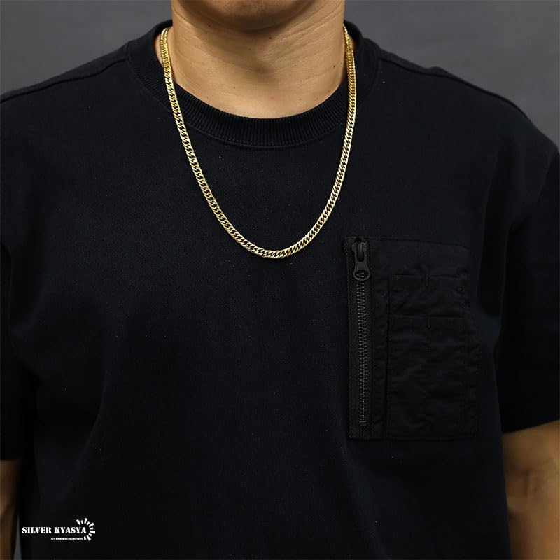 6mm stainless double kihei center double kihei chain 18k 18k long [silver KYASYA] Thin, wide, steel, 6-sided cut, necklace, fold, gold, necklace,