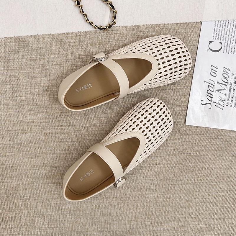 Mary Jane single shoes women's 2025 summer new French hollow fishing net crocheted silver light mouth Roman bean shoes women's shoes
